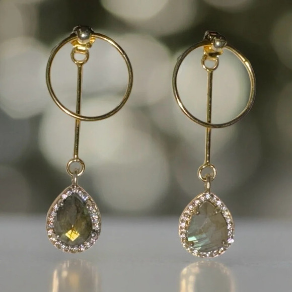 Labradorite Gold Over Sterling Teardrop Halo Post Dangle Earrings - Picture 1 of 6